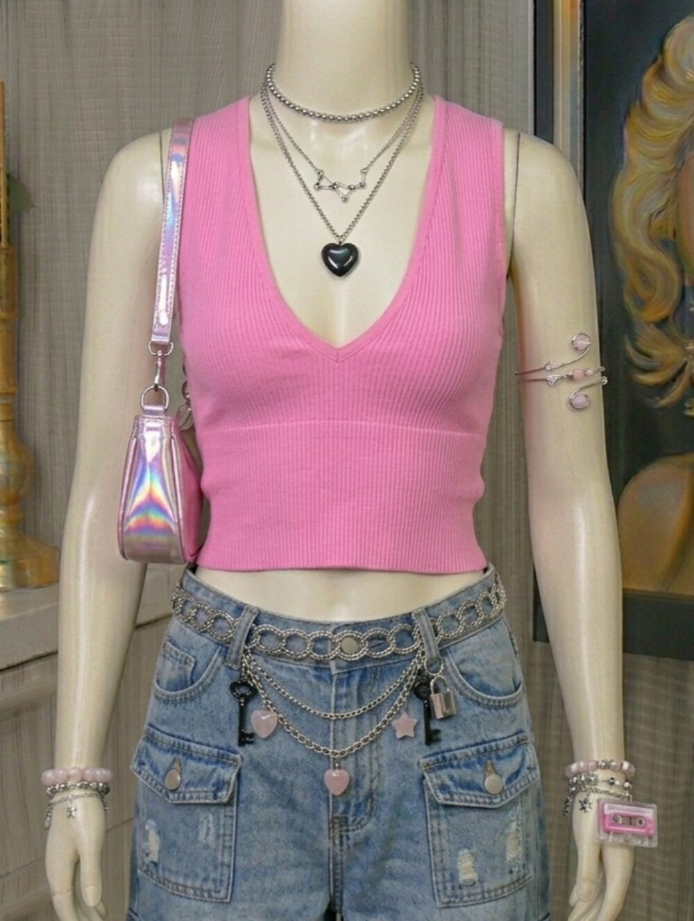 Out From Under Ribbed V-Neck Tank Top - Pink - Women's Small
